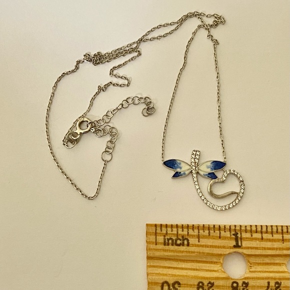 925 Silver dragonfly heart necklace blue enamel cz - Picture 2 of 2